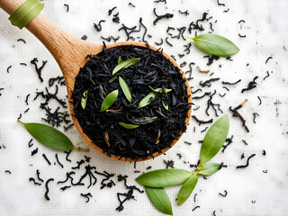 A spoonful of black tea leaves with a leaf on top