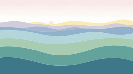 Obraz premium Abstract vector illustration of a misty mountain landscape featuring rolling green hills and a colorful sunset sky with clouds over a serene valley