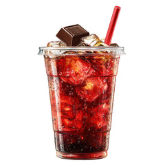 Cold Strawberry Drink with Chocolate and Straw in Plastic Cup Isolated on Transparent Background