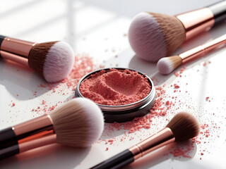 A close up of makeup brushes and powder on a table