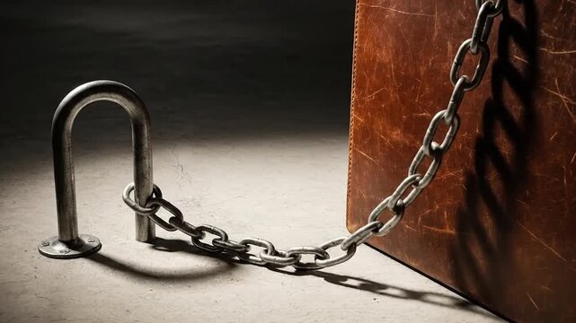 Briefcase secured by chain symbolizing limitation and constraint