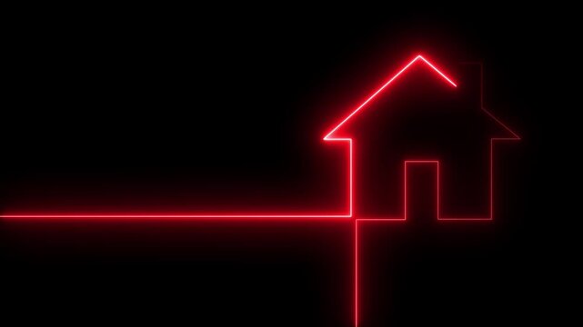 Neon line home icon. Neon line Cool linear animated home icon. House icon glowing neon light on black background.