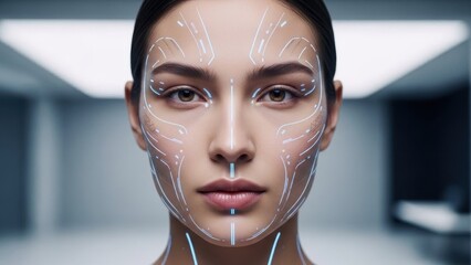Advanced digital facial mapping creating a futuristic human-technology interface representation