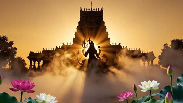 Lord Vishnu Devotional Background with Hindu Temple Silhouette and Warm Golden Sunrise Light
