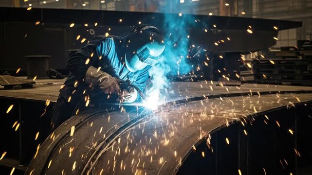Welder working with metal in manufacturing environment