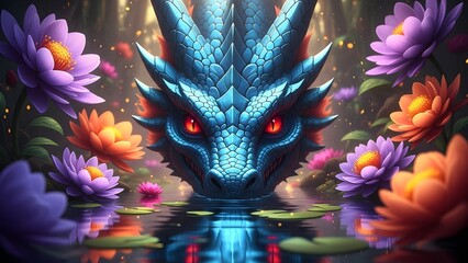 Fantasy Blue Dragon Head Surrounded by Vibrant Flowers in Mystical Forest