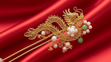 Golden dragon hairpin adorned with pearls and jade accents symbolizes power and prosperity against a luxurious red silk backdrop evoking rich cultural heritage