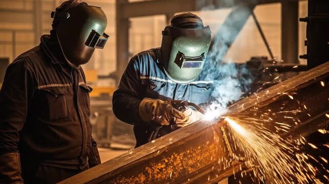 Metalworkers welding steel beams with protective gear in workshop environment
