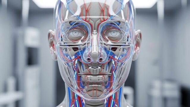 Detailed 3D Render of Human Head Anatomy Showcasing Intricate Vascular and Neural Systems in a - Powered by Adobe