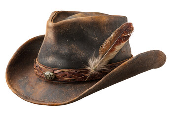 Vintage Brown Leather Cowboy Hat with Feather Decoration Isolated on Transparent Background