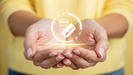 Young woman holding a floating glowing digital screen on his hands with a yellow vibe