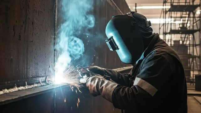 Welder working on metal structure with bright sparks and protective gear