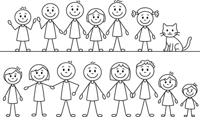 Naklejka premium Seven smiling children and a cat in a line black and white