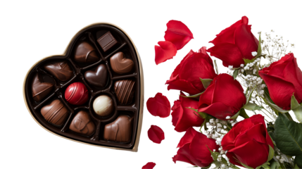 Heart shaped chocolate box with roses and petals isolated on transparent background