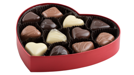 Assorted chocolates in a heart shaped box on transparent background