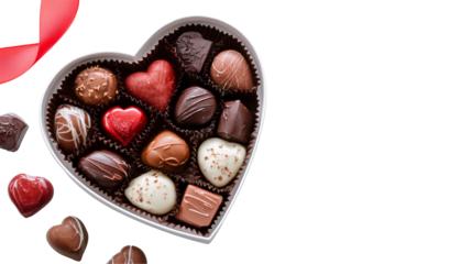 Assorted chocolates in heart shaped box with red ribbon on transparent background