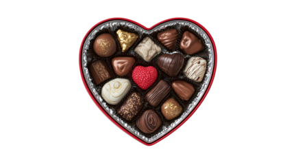 Assorted chocolates in a heart shaped box with one red candy isolated on transparent background