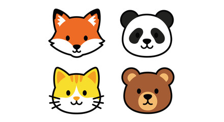Set of four cute cartoon animal faces: fox, panda, cat, and bear