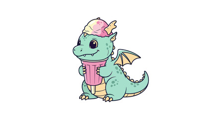 Obraz premium Cute baby dragon holding an ice cream cone.