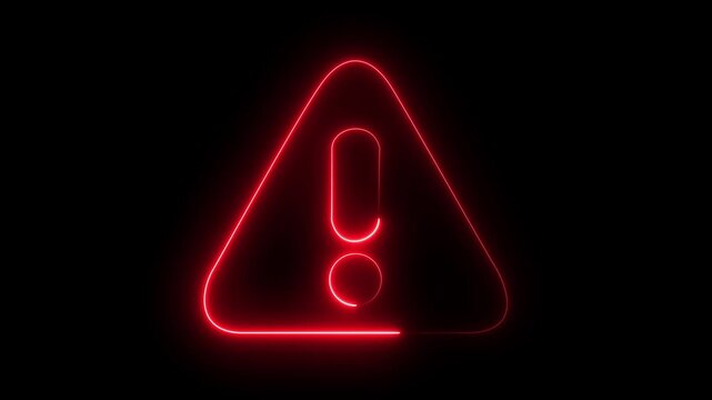 Glowing neon red colour warning icon animation on black background.