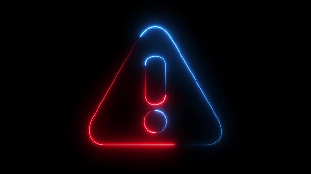 Glowing neon red colour warning icon animation on black background.