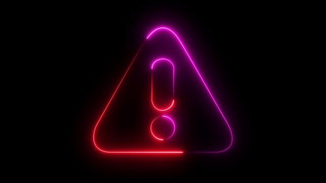 Glowing neon red colour warning icon animation on black background.