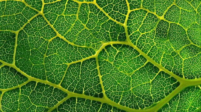 Close Up Green Leaf Veins Illuminated by Yellow Dots on Dark Background