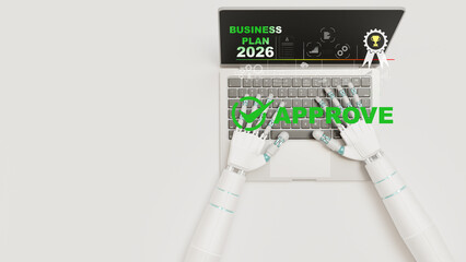 An AI robot work with laptop seek business plan timeline 2026 and target goal floating on screen