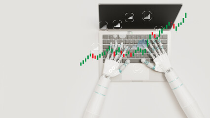 An AI robot with floating icon show uptrend of investment stock
