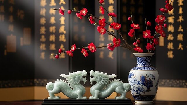 Jade dragon figurines face each other beside a blue and white porcelain vase filled with red plum blossoms against a dark ornate traditional chinese screen backdrop