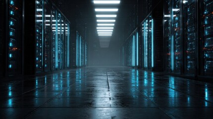 Futuristic server room with glowing blue lights
