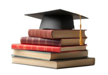 Stack of Hardcover Books with Graduation Cap on Top Symbolizing Higher Education and Academic Achievement Isolated on Transparent Background