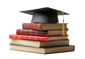 Stack of Hardcover Books with Graduation Cap on Top Symbolizing Higher Education and Academic Achievement Isolated on Transparent Background
