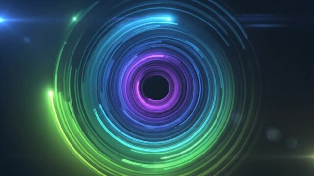 Abstract colorful tunnel of concentric circles radiating with lens flares in a dark space