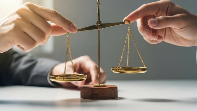 Hands balancing a golden scale on a white surface closeup