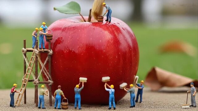 Miniature workers painting a large red apple in a conceptual scene