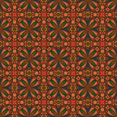 seamless vintage pattern,orange, red curves ,painted create to flower shape,leaves,green background in geometric patterns as sarong,fabric,tile,printed fabric,batik,tablecloth patterns.