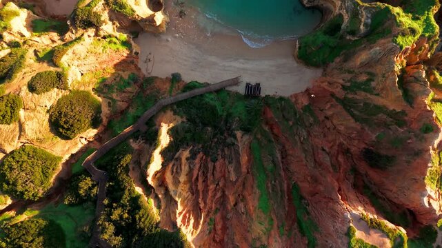 Top Down Aerial of Praia do Camilo Beach and Cliffs in Lagos, Algarve, Portugal