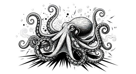 Detailed ink drawing of a fearsome octopus with its tentacles spread wide. © A B I G A I L