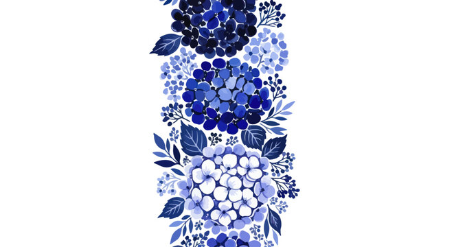 Watercolor blue hydrangea floral border design on white background.