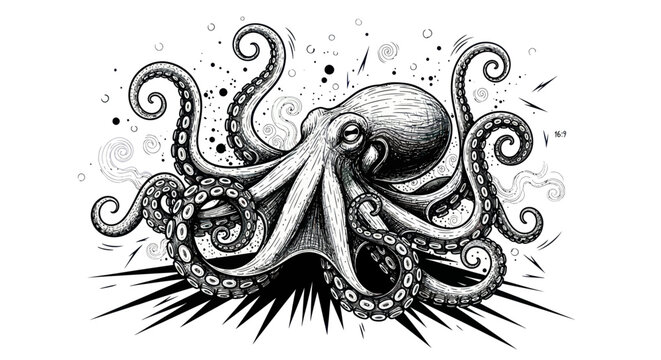 Detailed ink drawing of a fearsome octopus with its tentacles spread wide.