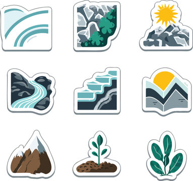 Set of 9 minimalist nature and mountain landscape stickers featuring rivers, waterfalls, rocky cliffs, sunlit peaks, sprouting plant, and leaf &mdash; ideal for eco branding, travel journals, outdoor advent