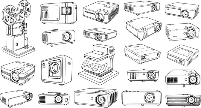 Set of Projectors in Line Art Style: Diverse Collection of Vintage Film, Overhead, and Modern Digital Multimedia Projectors Outline Illustrations