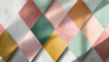 A colorful pattern of squares and triangles on a white background