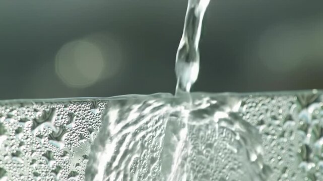 extreme close-up of crystal-clear pure water cascading onto minimalist frosted glass with a macro lens and soft diffused daylight, revealing droplets against a bokeh background, pan left-to-right,