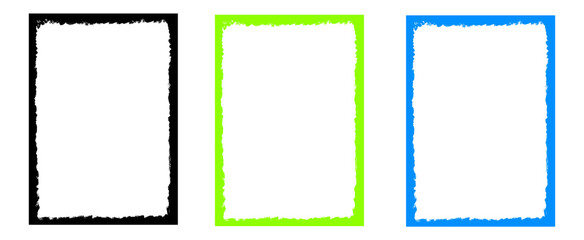 Set of three colorful grunge frame border designs featuring black lime and blue textured edges on gray checkered background for creative work
