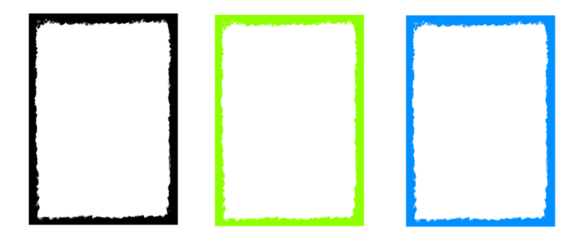 Set of three colorful grunge frame border designs featuring black lime and blue textured edges on gray checkered background for creative work