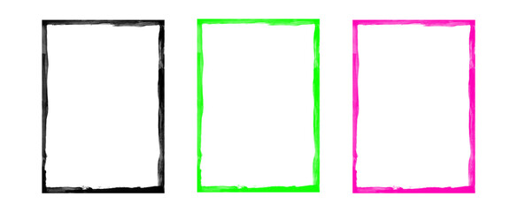 Set of three rectangular grunge frames in black, green, and magenta colors, offering a distressed and textured border for diverse artistic layouts