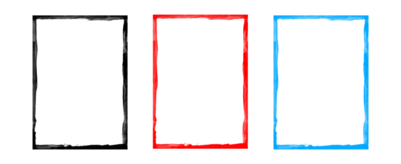 Set of three rectangular grunge frames in black, red, and blue colors, offering a distressed and textured border for various design projects