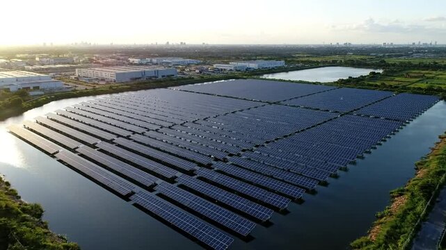 Aerial view of a large floating solar panel array on a lake for renewable energy production